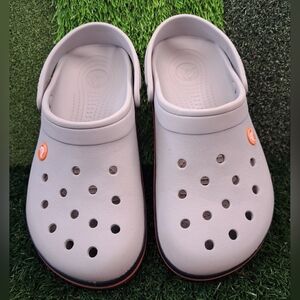 Crocs Gray And Orange Stripe men’s size 8 Womens Size 10 Clogs Shoes Slides
